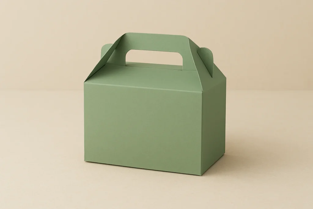 A green paper gift box with a handle is placed on a neutral background, showcasing its simple and functional design.