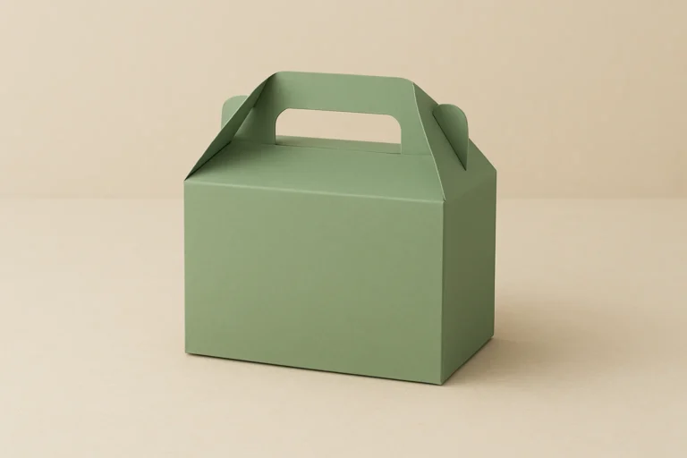 A green paper gift box with a handle is placed on a neutral background, showcasing its simple and functional design.