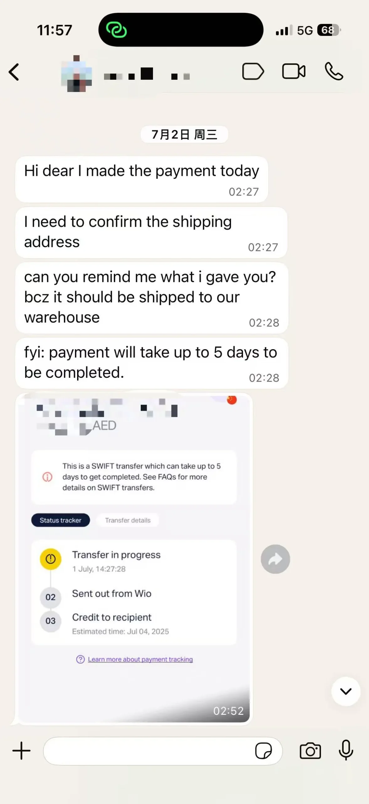 Chat payment confirmation