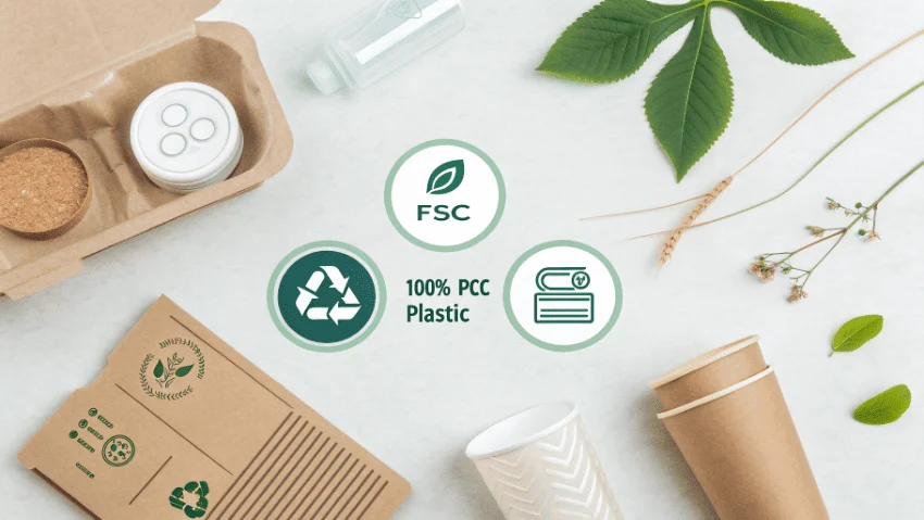 Close-up of recycling symbols and eco-certifications on a cosmetic box