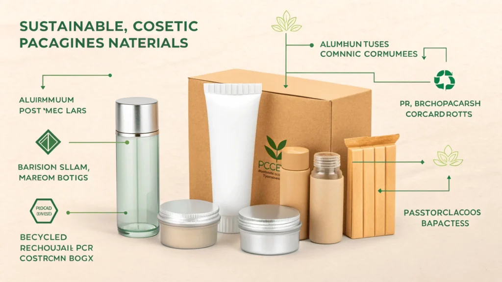 Various eco-friendly cosmetic packaging options including bottles, tubes, jars, and a box with sustainability labels and graphics.