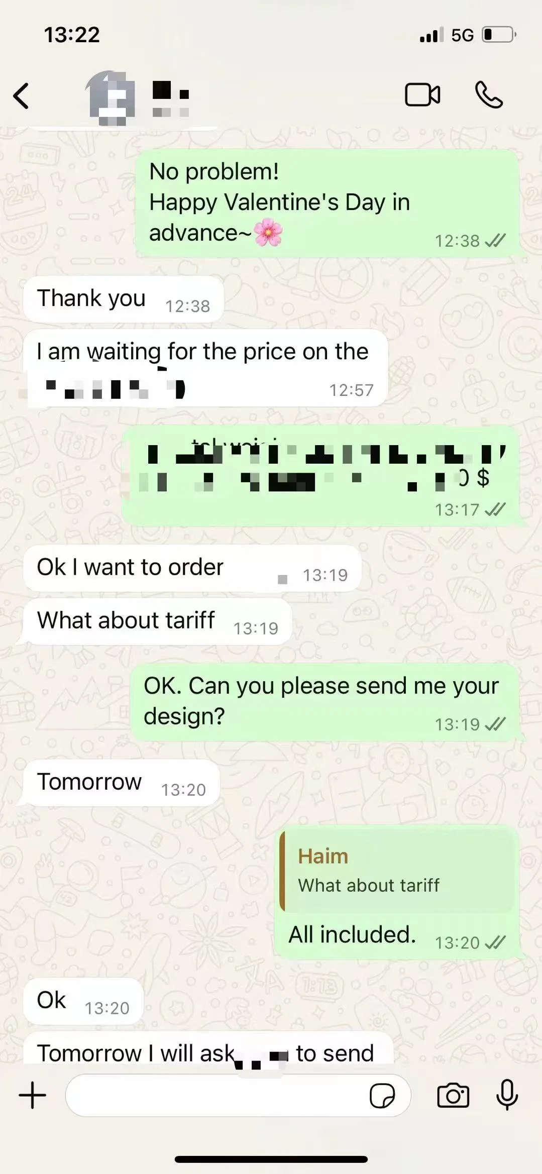 WhatsApp business chat about cosmetic packaging