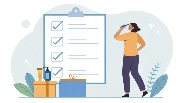 Illustration of a person standing next to a large checklist with checked boxes, surrounded by gift boxes and leaves.
