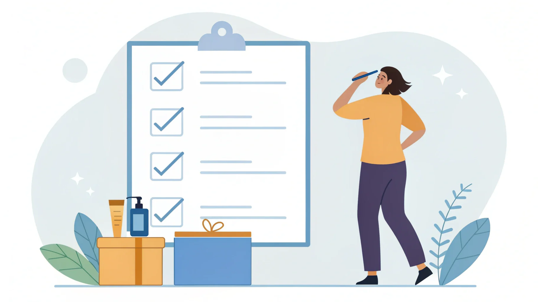 A person checking off a list on a clipboard next to packaging samples