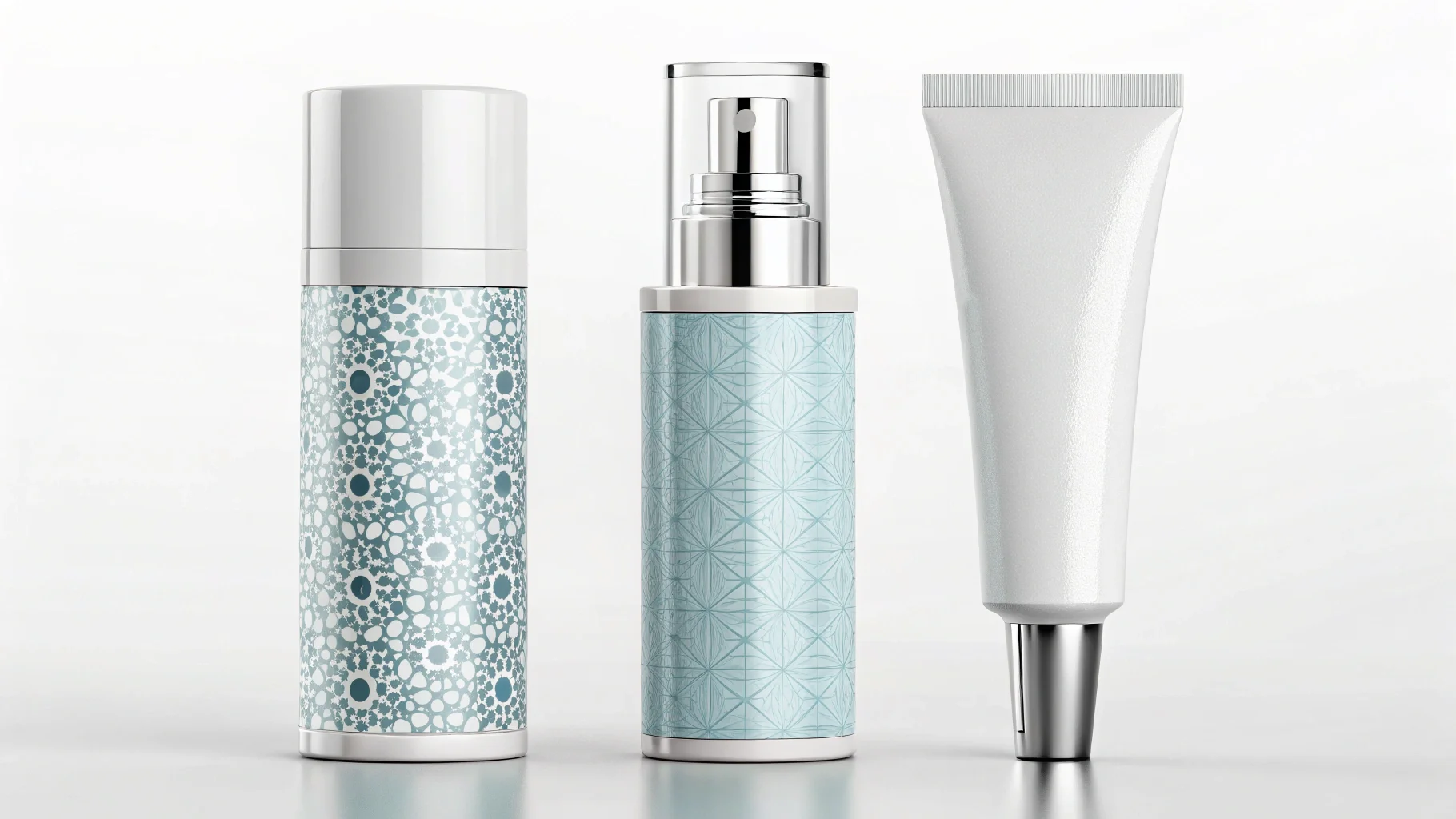 An airless pump bottle and a tube with a metal applicator tip