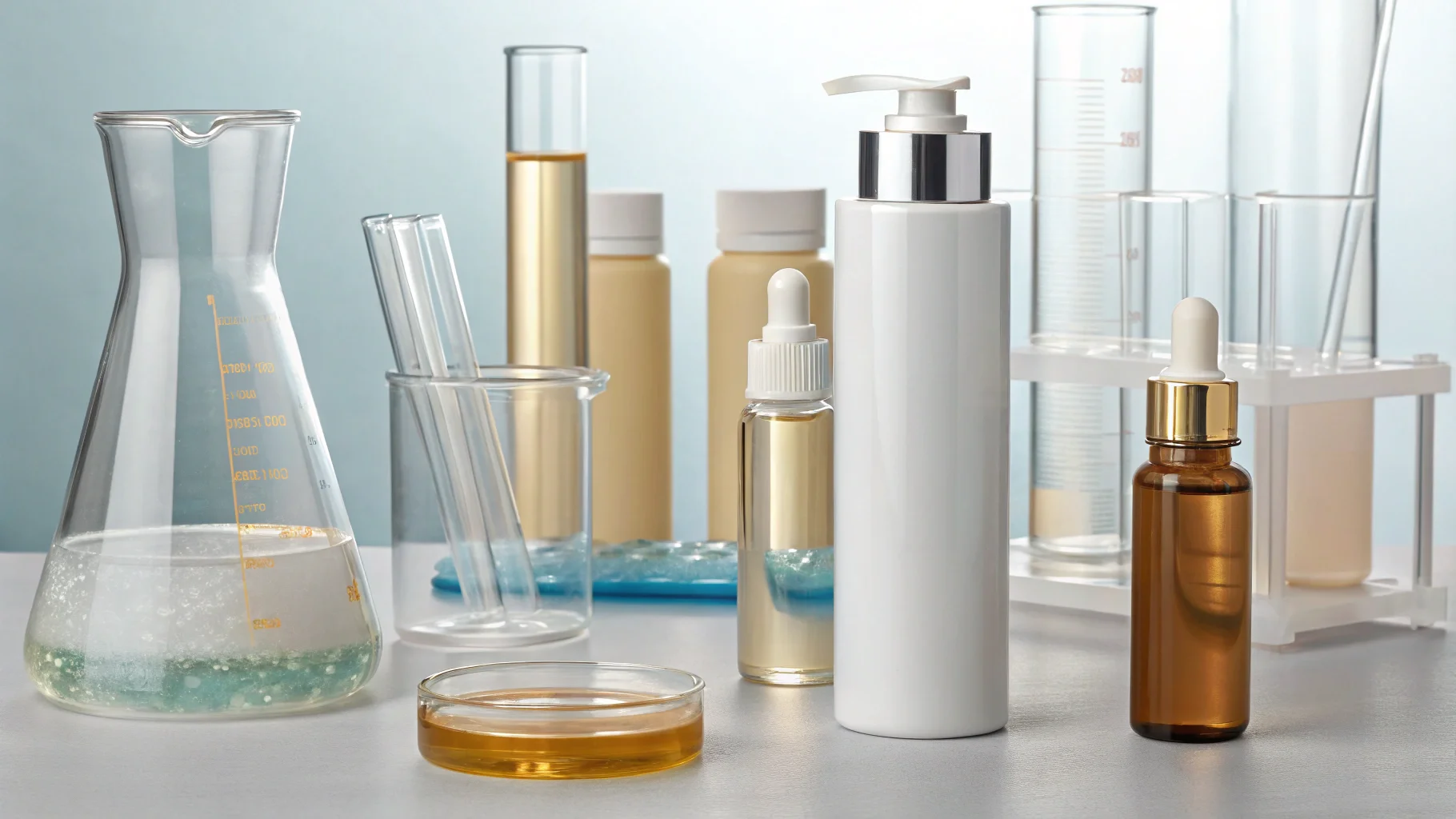 A lab technician observing cosmetic formulas in plastic containers