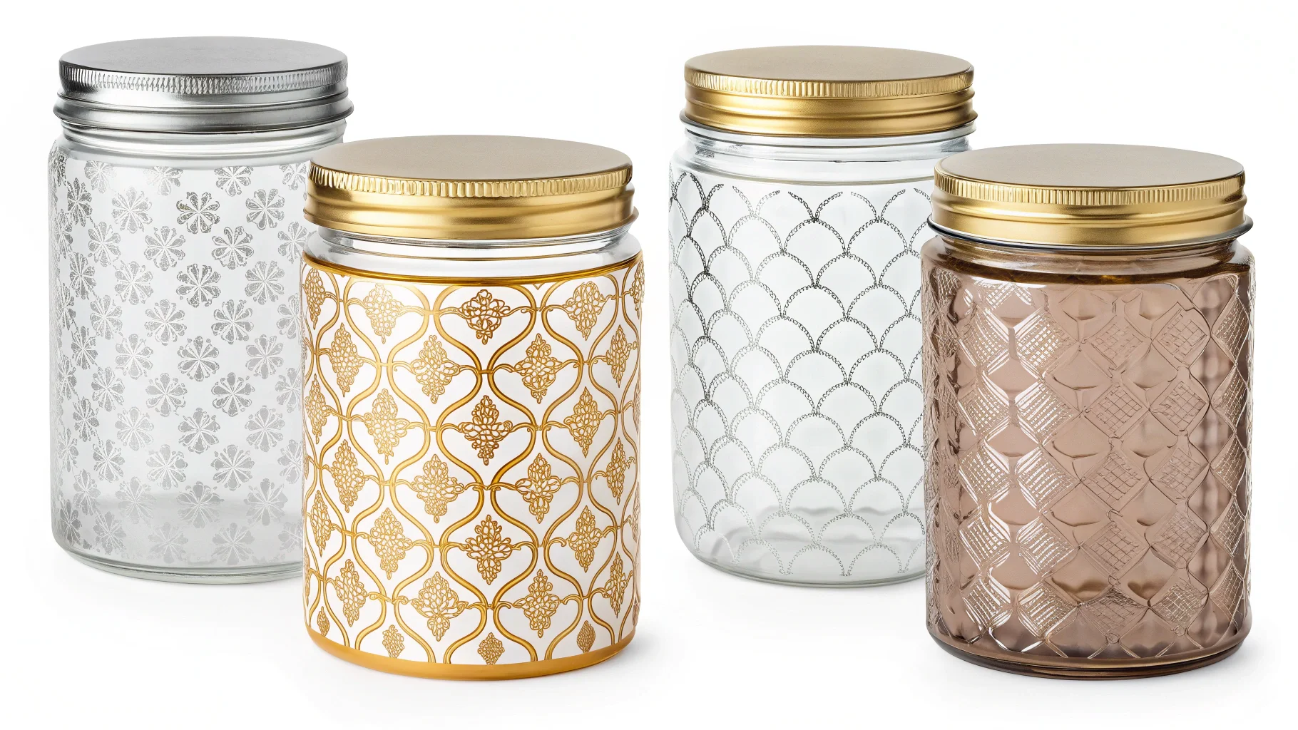 A display of customized glass jars with different colors and finishes.