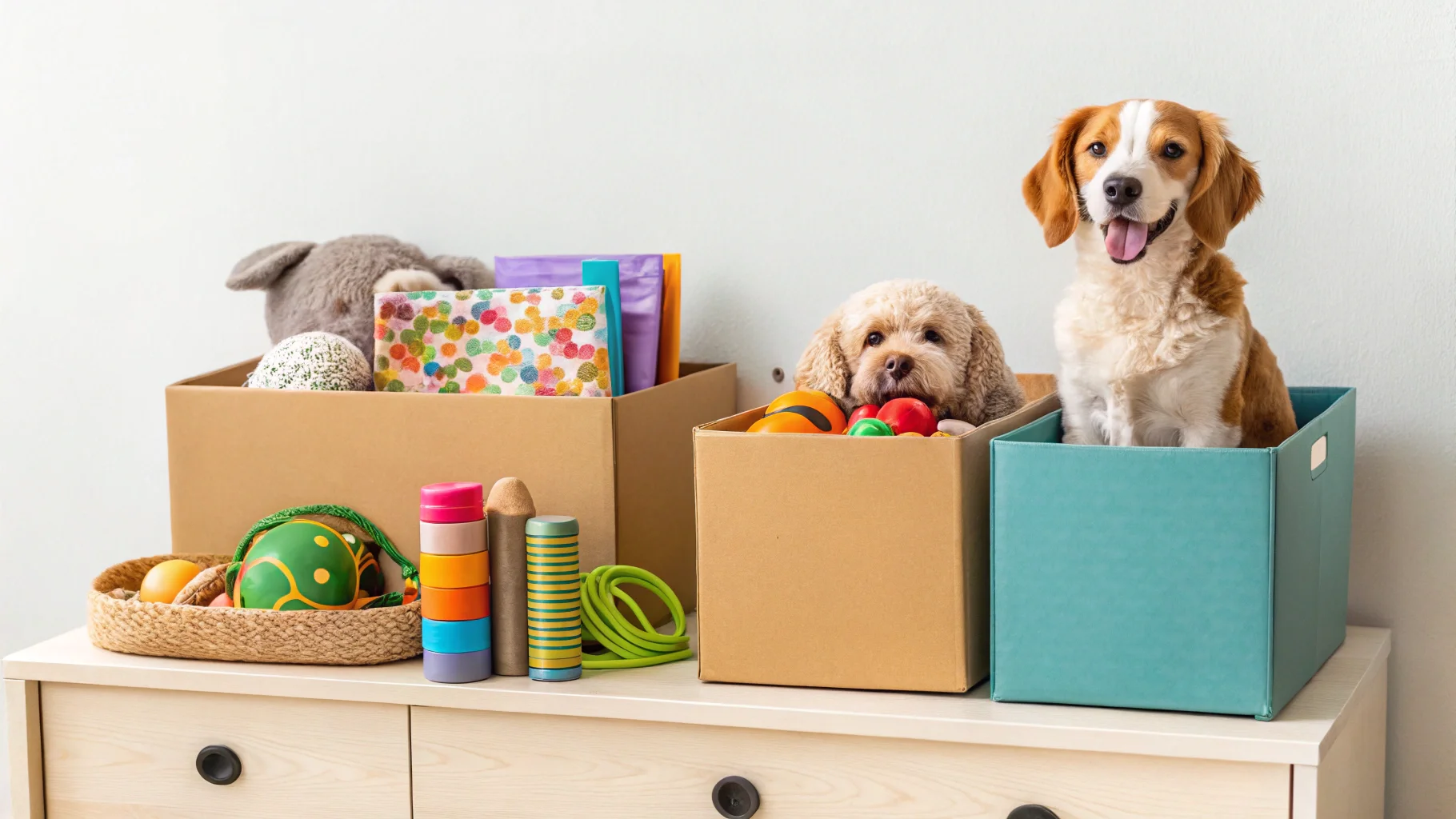 A happy dog playing with a toy from a pet subscription box