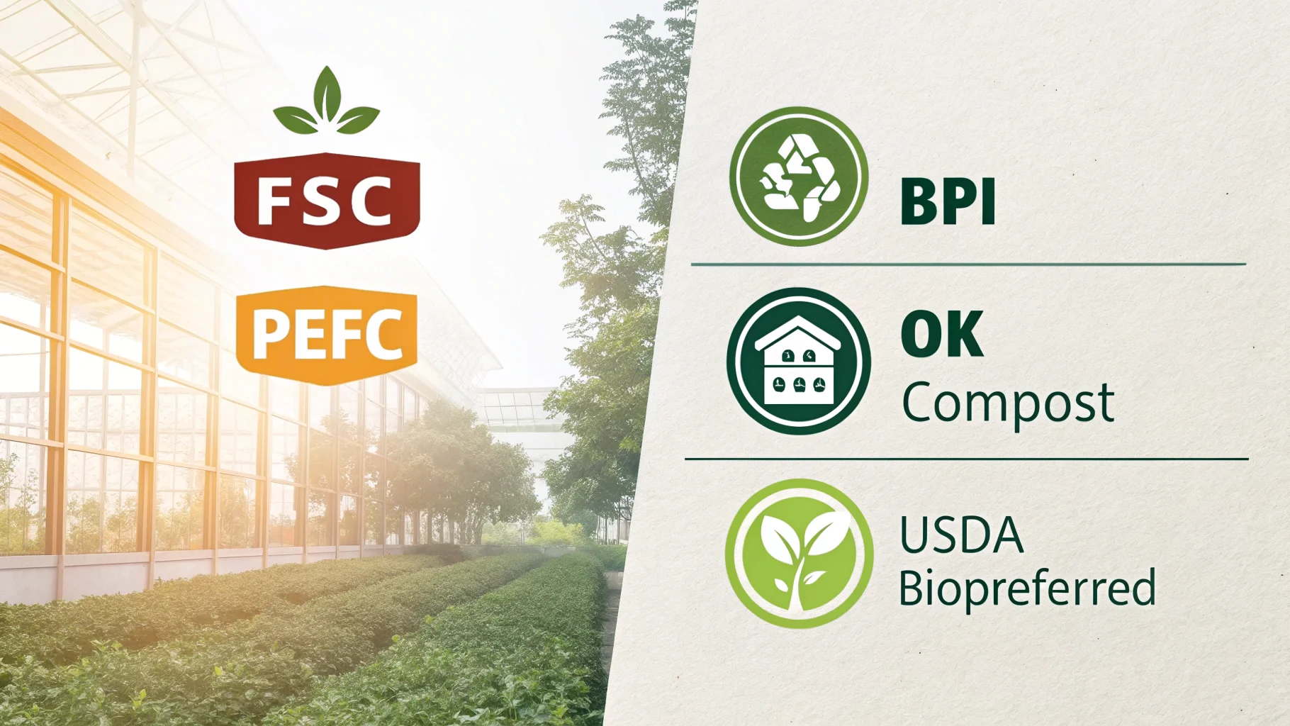 Sustainable Packaging Certifications A collage of certification logos like FSC, BPI, and USDA BioPreferred.