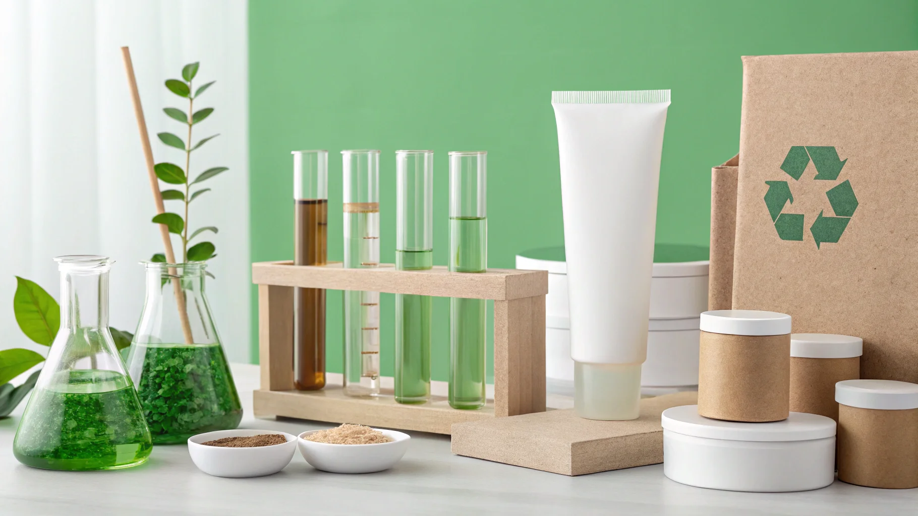Eco-friendly cosmetic laboratory with test tubes, a white cosmetic tube, small jars, beakers with green solution, and a recycling symbol against a green background.
