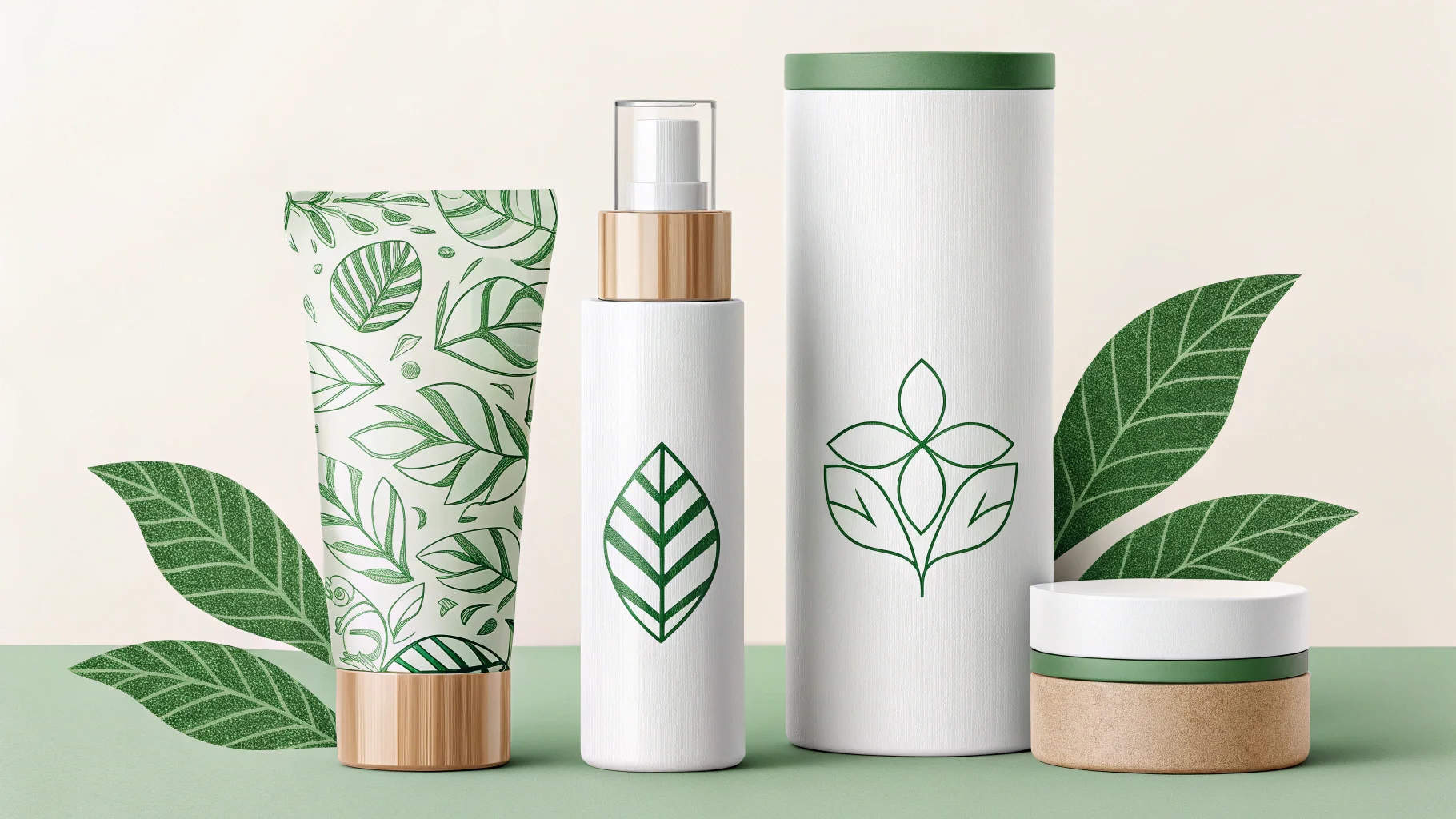 Eco-friendly cosmetic packaging materials on a table
