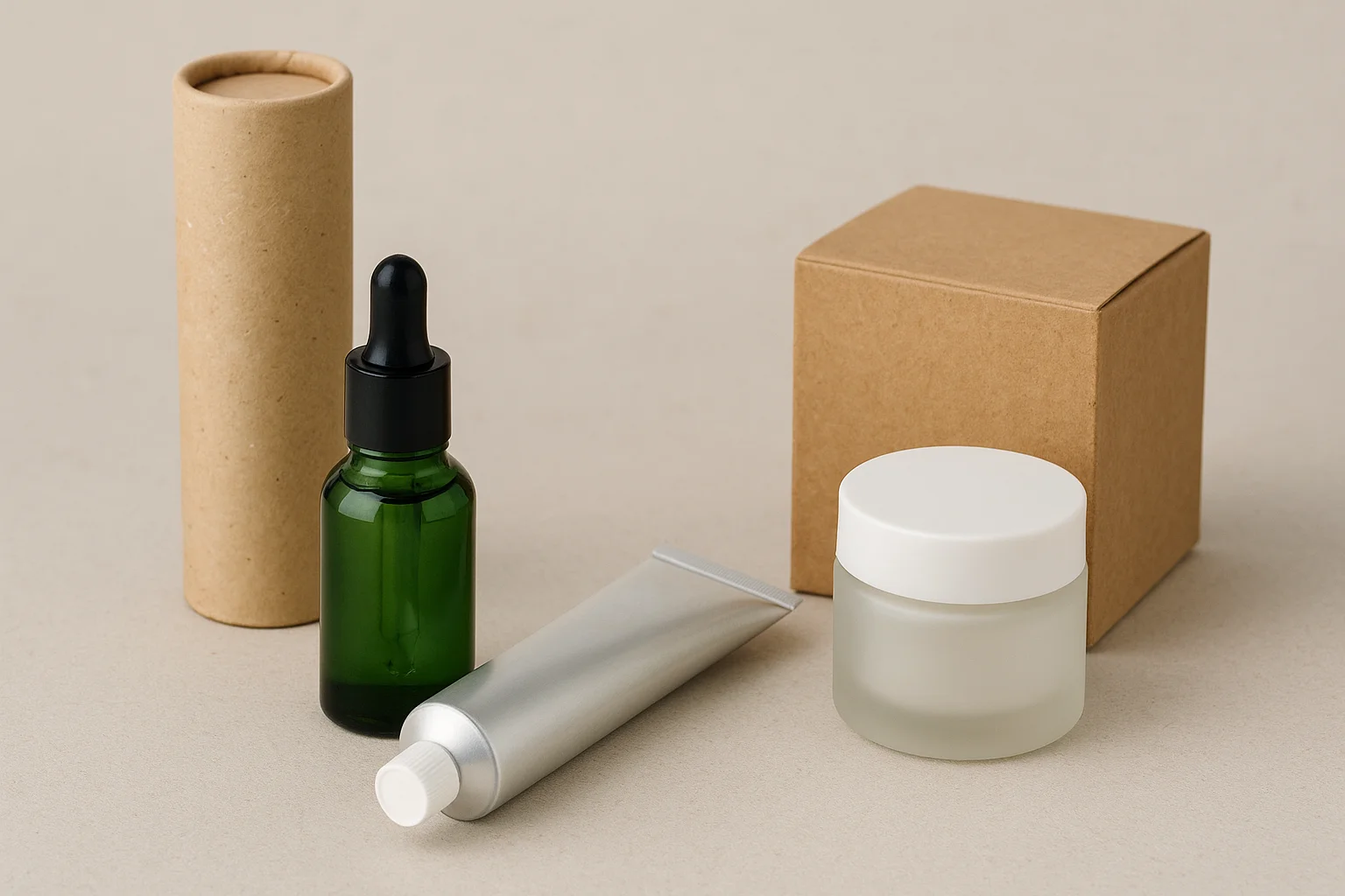 a flat lay of different eco-friendly materials like glass, aluminum, and recycled plastic