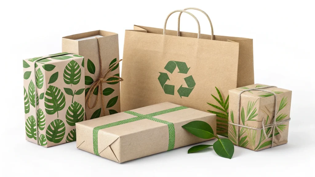Assorted eco-friendly gift packages with leaf designs and a kraft paper bag featuring a recycling symbol, emphasizing sustainable choices.