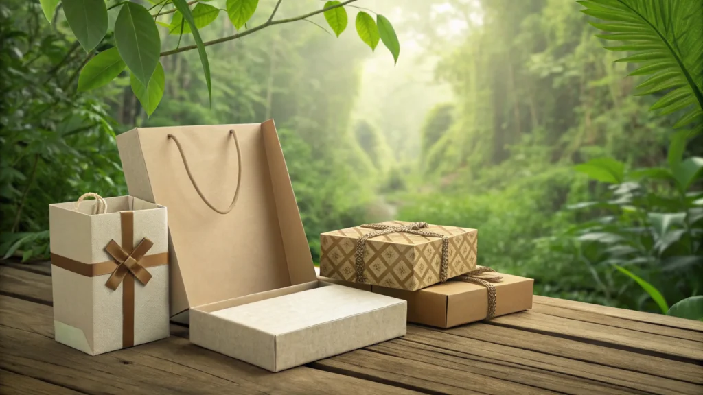 Eco-friendly gift packaging, including bags and boxes, placed on a wooden surface outdoors surrounded by lush greenery.