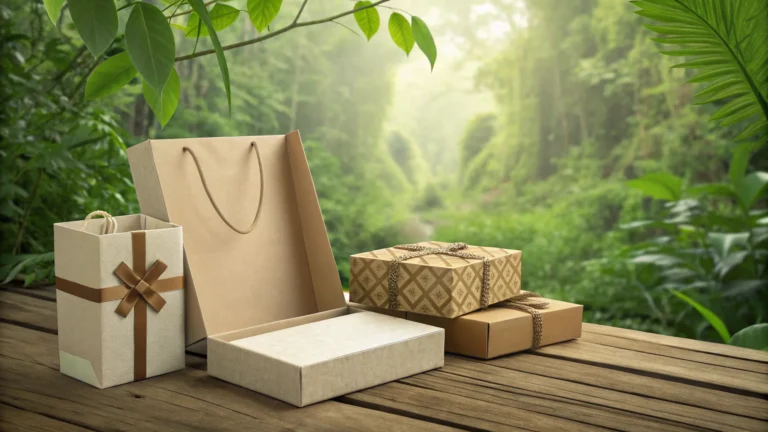 Eco-friendly gift packaging, including bags and boxes, placed on a wooden surface outdoors surrounded by lush greenery.