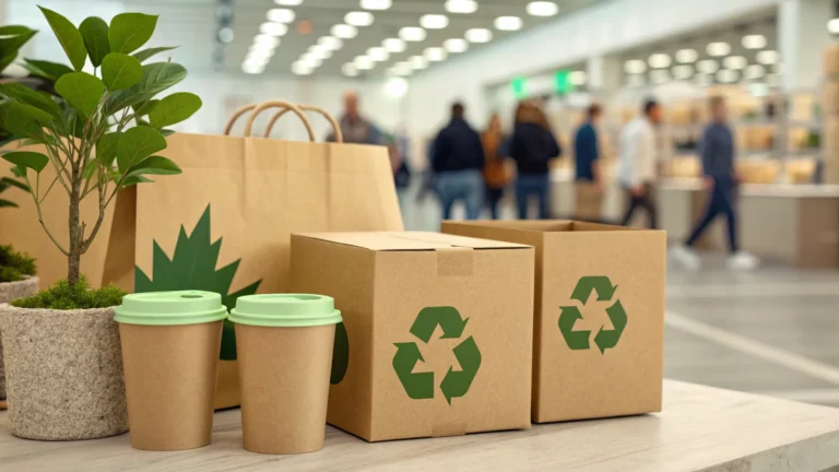 Eco-friendly cardboard boxes with recycling symbols and paper cups beside potted plants on a table in a store setting.