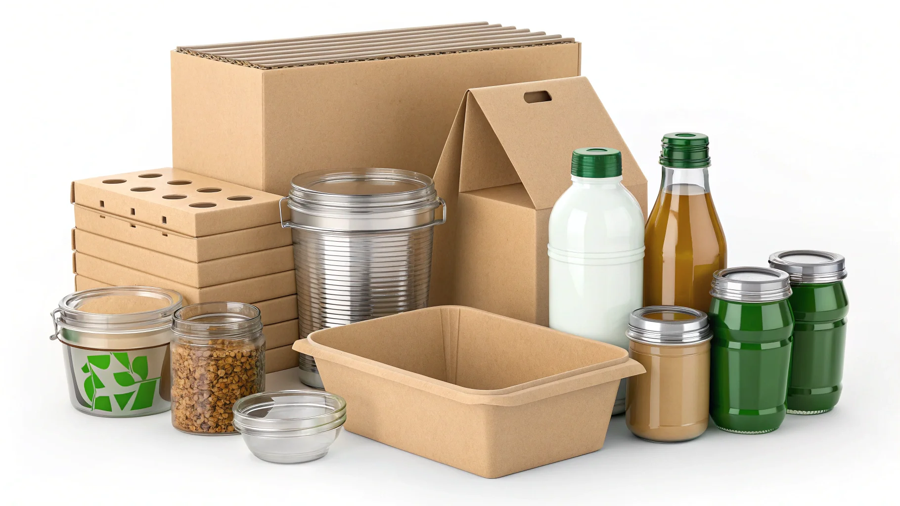 a flat lay of various sustainable packaging materials