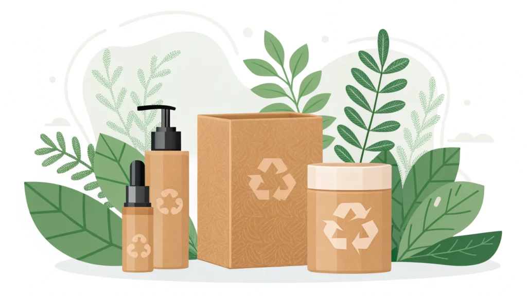 Eco-friendly packaging including bottles and boxes with recycling symbols, set against a backdrop of green leaves.