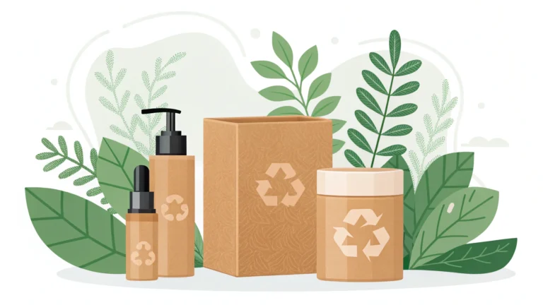 Eco-friendly packaging including bottles and boxes with recycling symbols, set against a backdrop of green leaves.
