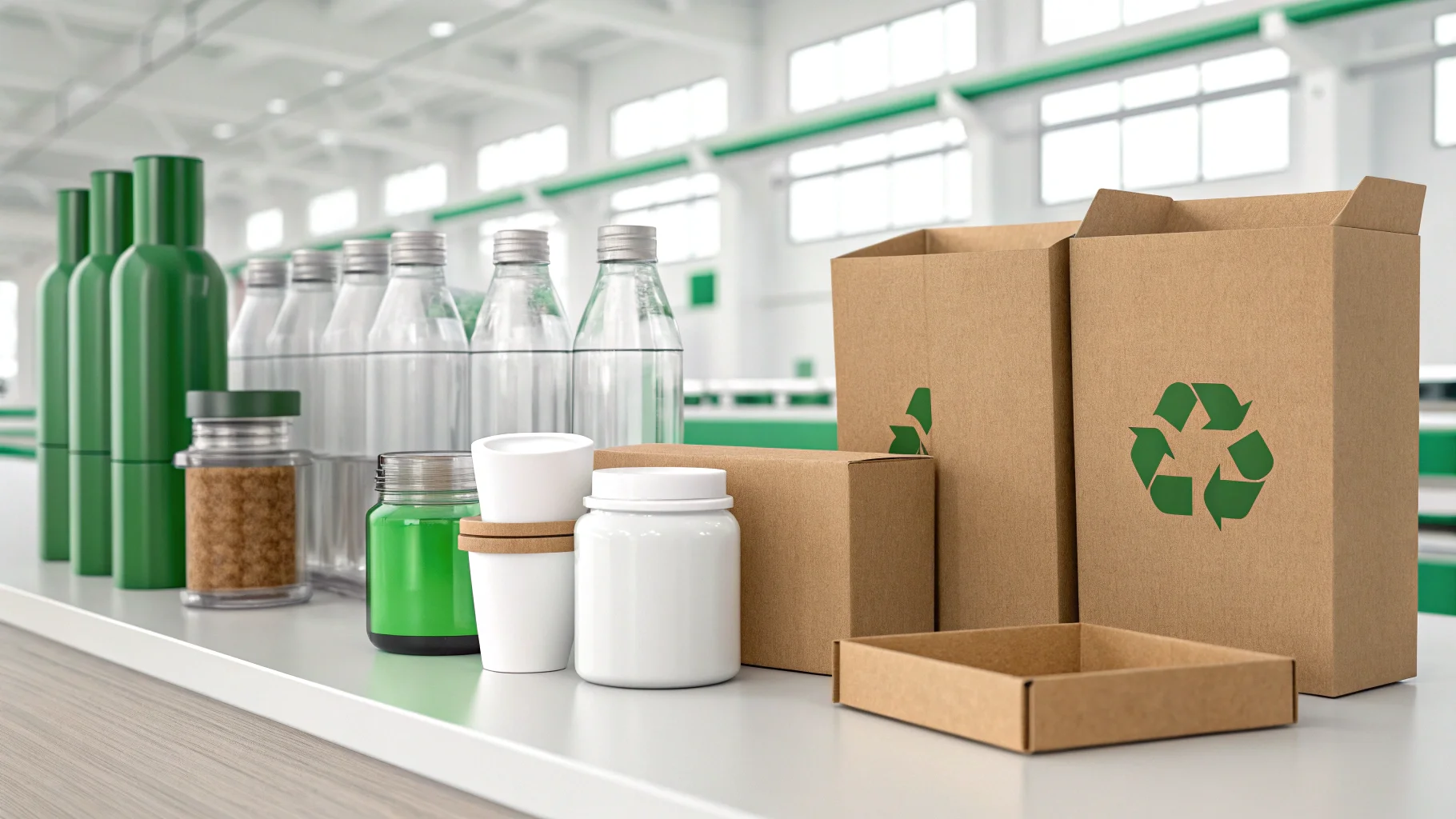 A collection of sustainable cosmetic packaging options like glass jars, recycled plastic bottles, and aluminum tins.