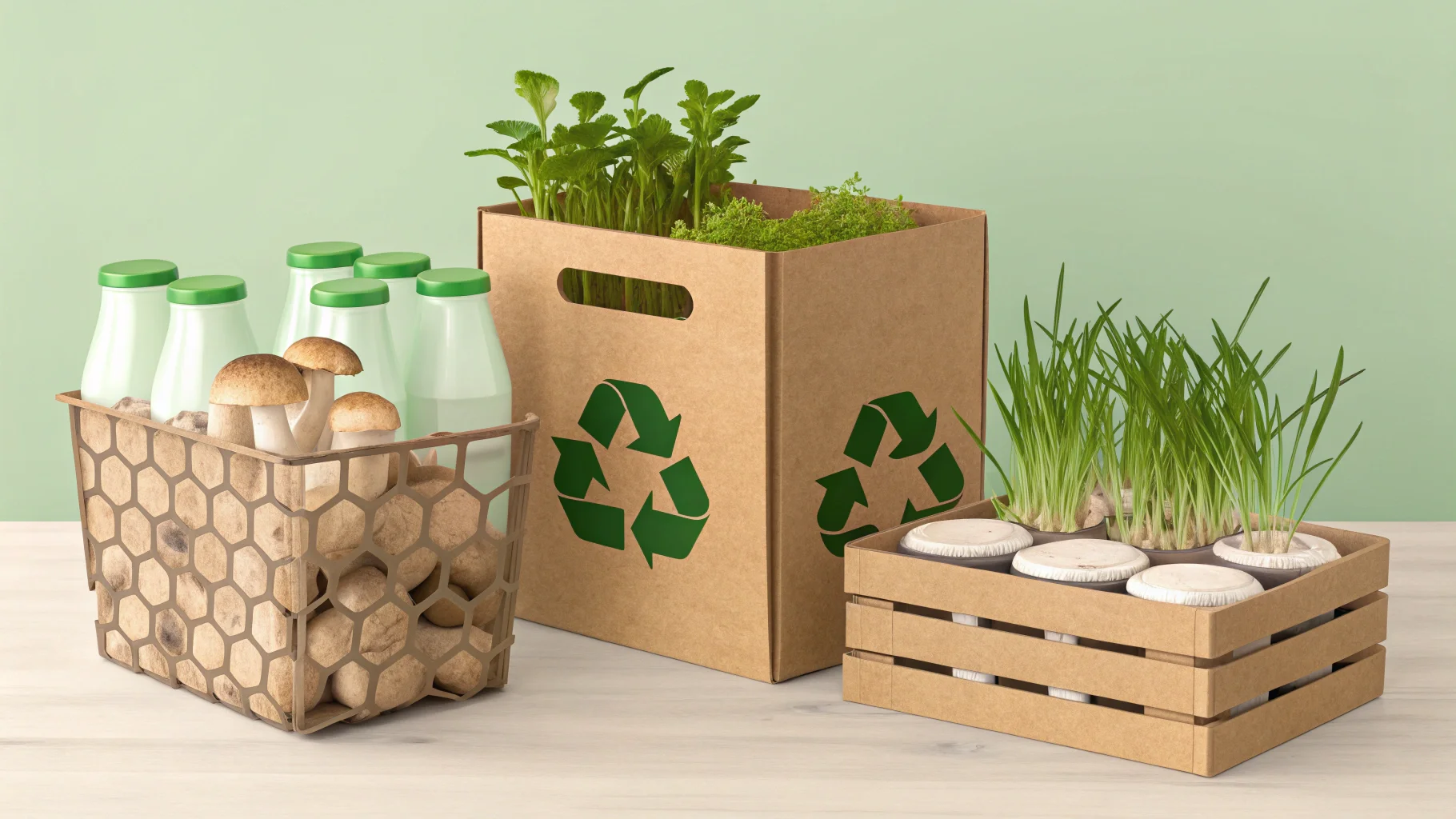 A futuristic image showing packaging made from glowing mycelium and a smartphone scanning a digital watermark on a bottle.