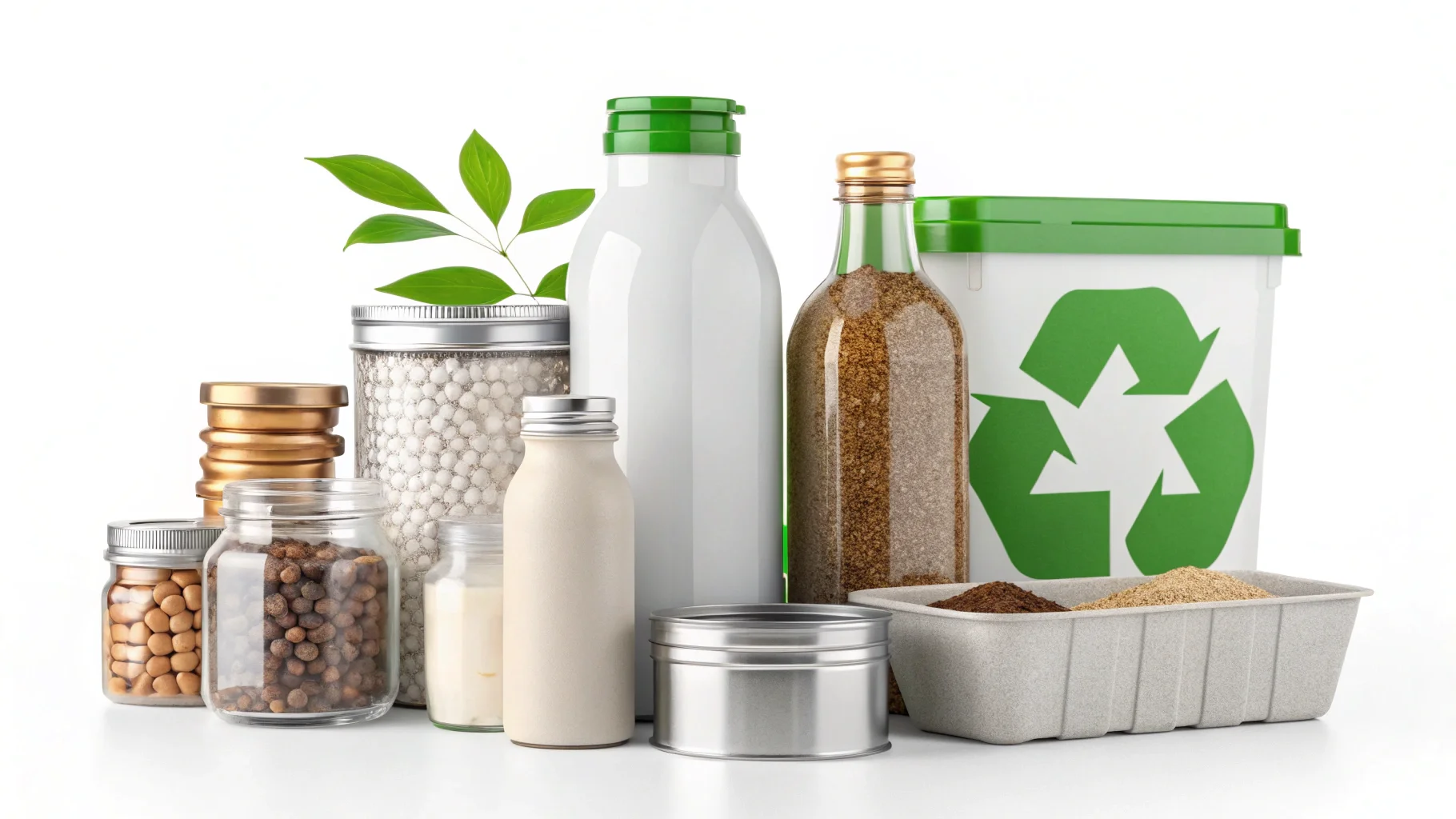 An array of different sustainable packaging types on a shelf: a PCR bottle, a glass jar, an aluminum tube, and a refill pouch.