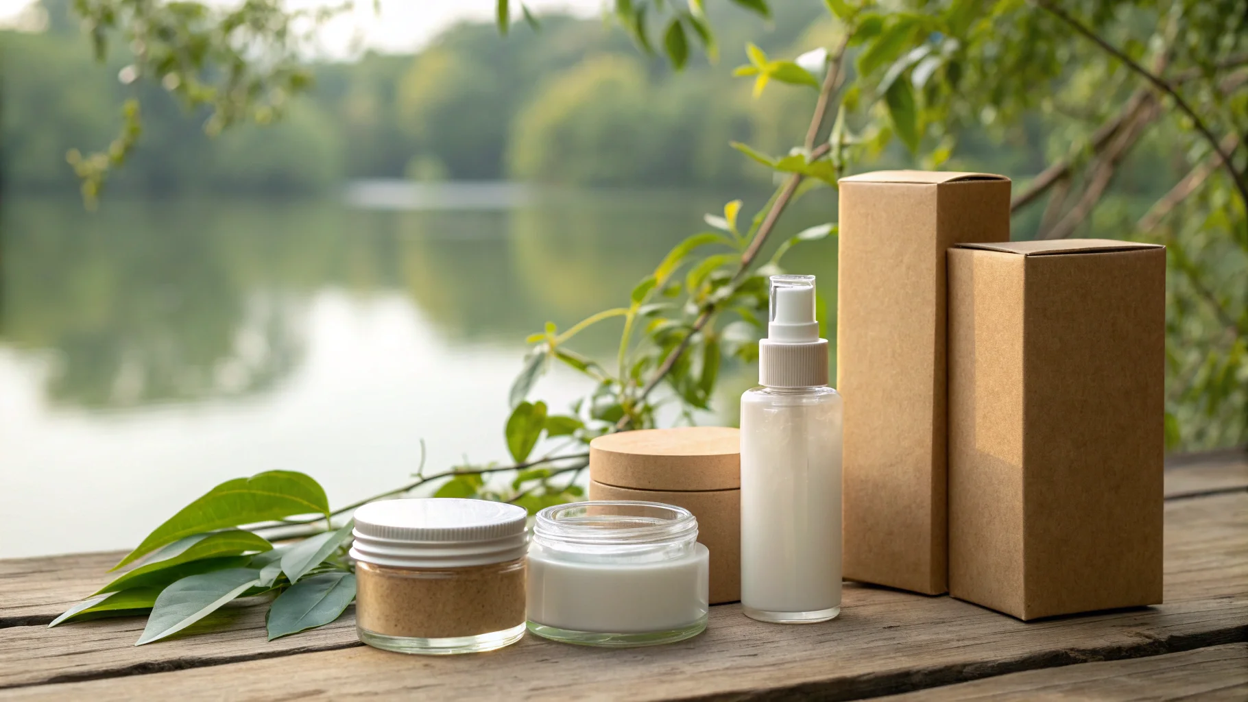 Eco-friendly skincare containers and cardboard boxes on a wooden surface by a lakeside.