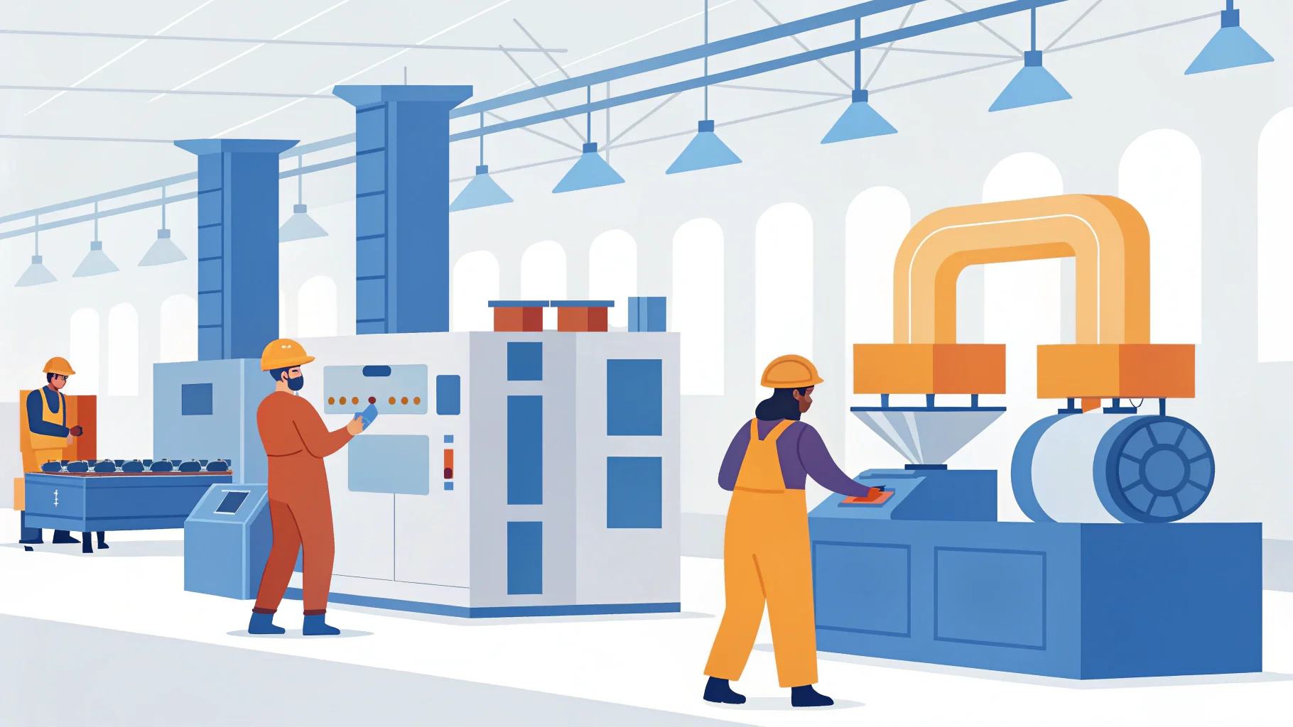 Stacks of plastic containers in a manufacturing warehouse