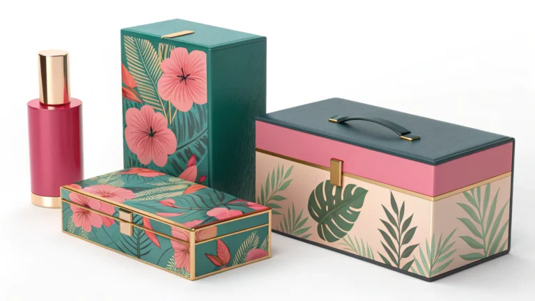 Four decorative storage boxes and a bottle with floral patterns, featuring pink and green colors.