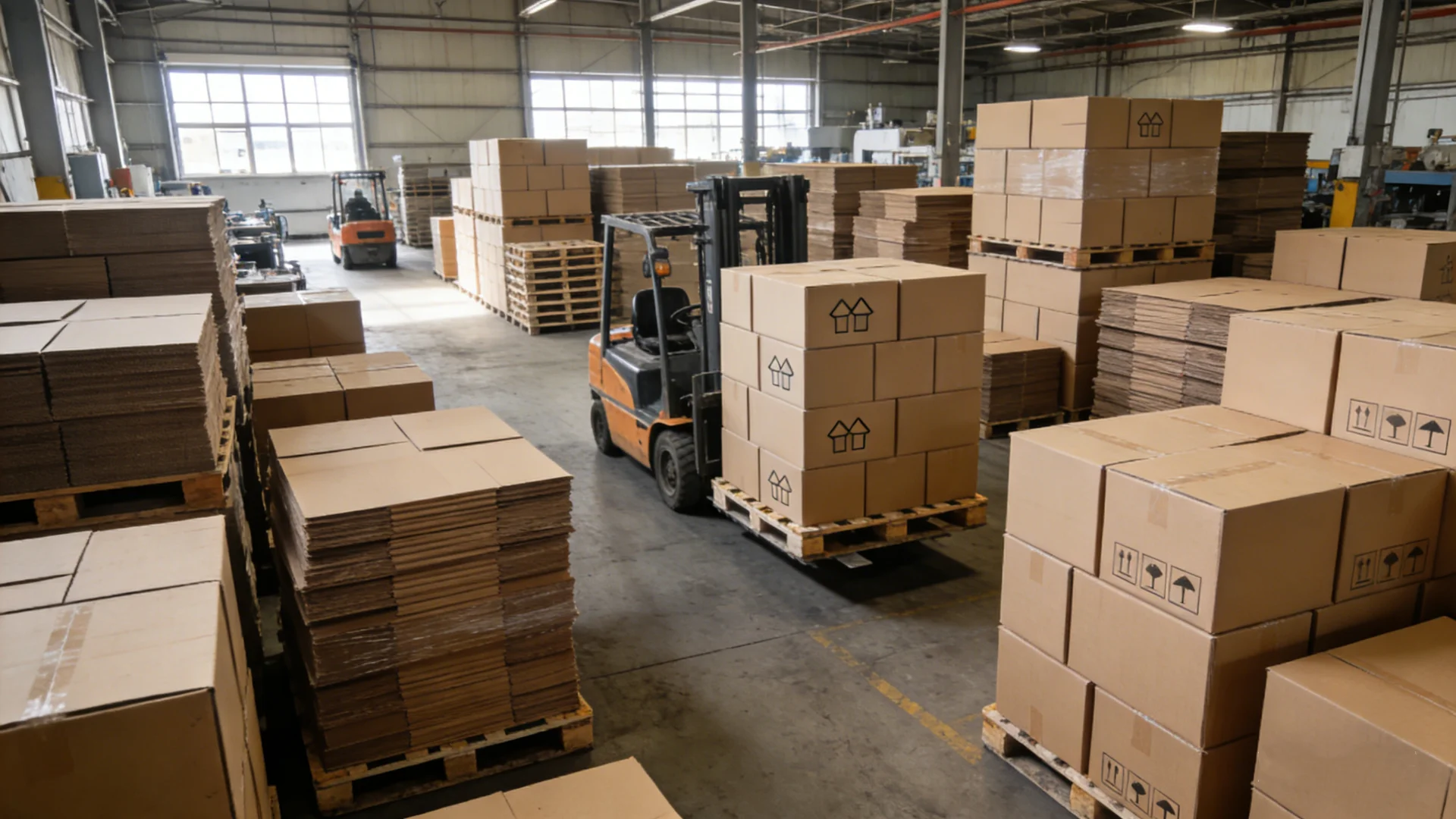 Forklift transporting stacked cardboard boxes on pallets in a spacious warehouse, surrounded by more pallets and industrial equipment.