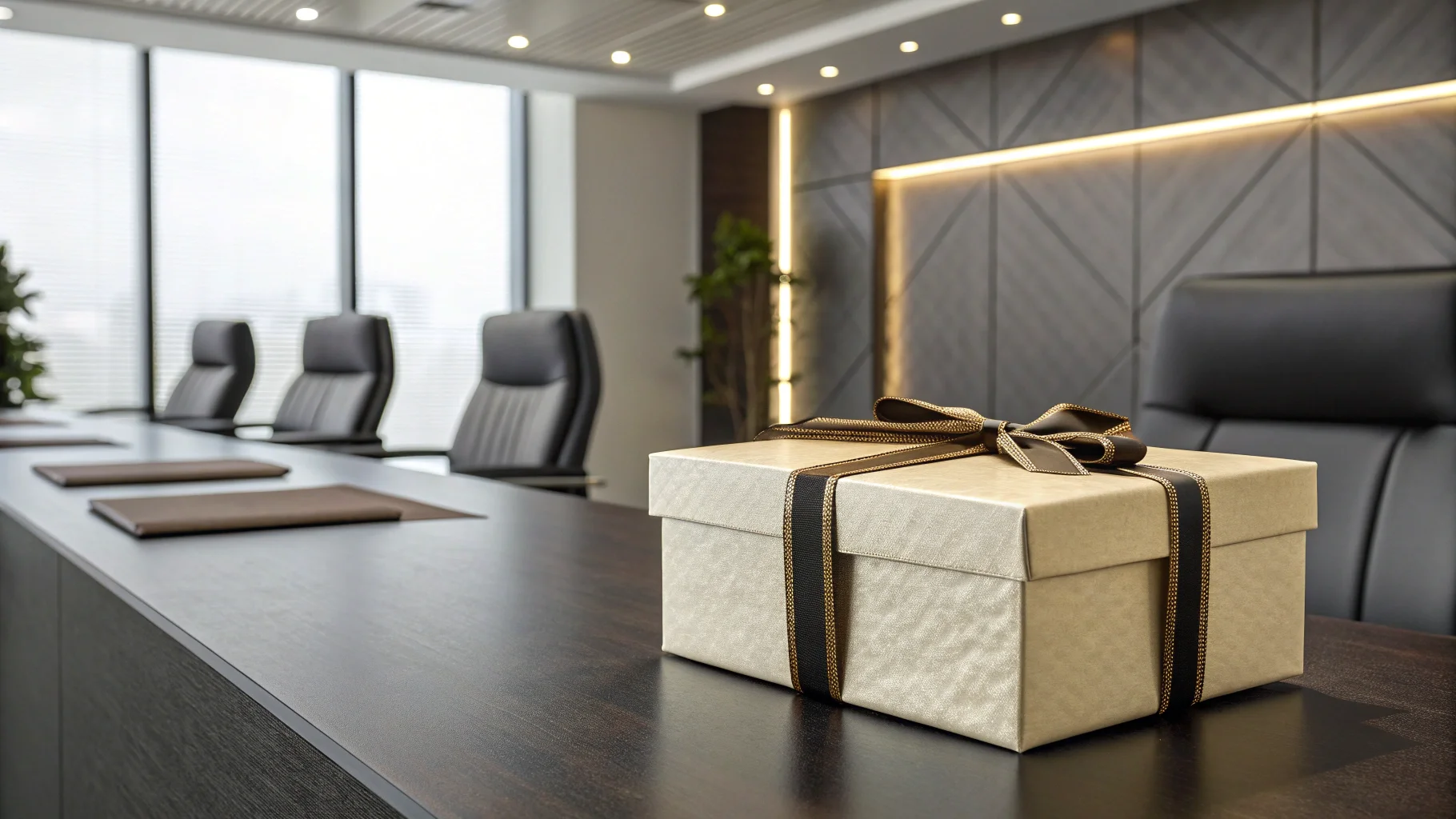Two people shaking hands over a table with packaging prototypes