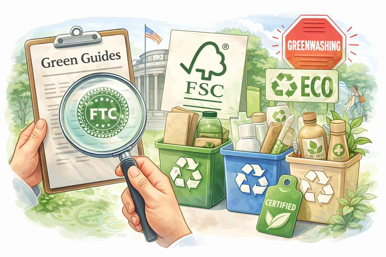 Logos of sustainability certifications like FSC and the recycling symbol alt with keywords