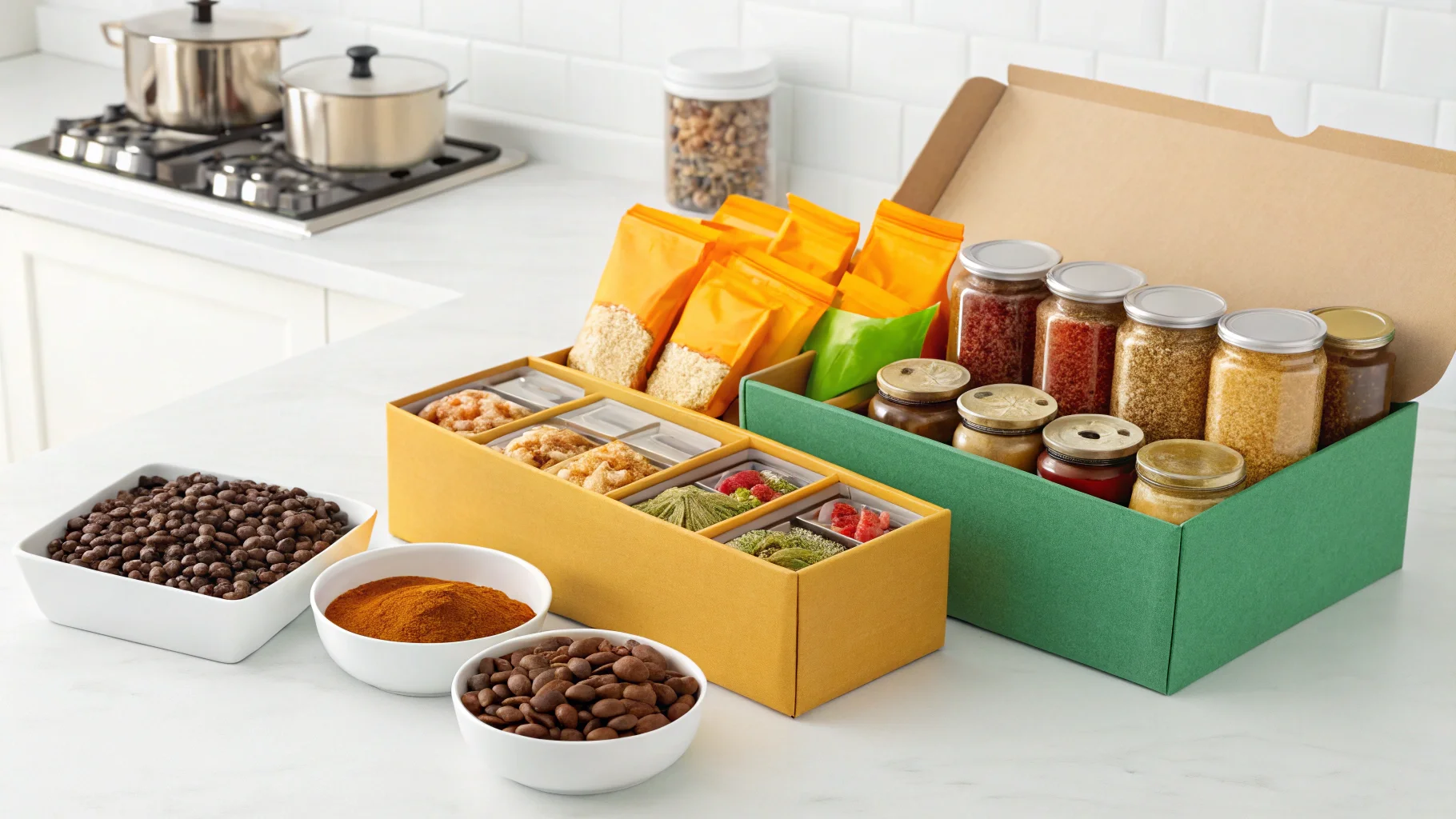 A display of various food and drink items from subscription boxes