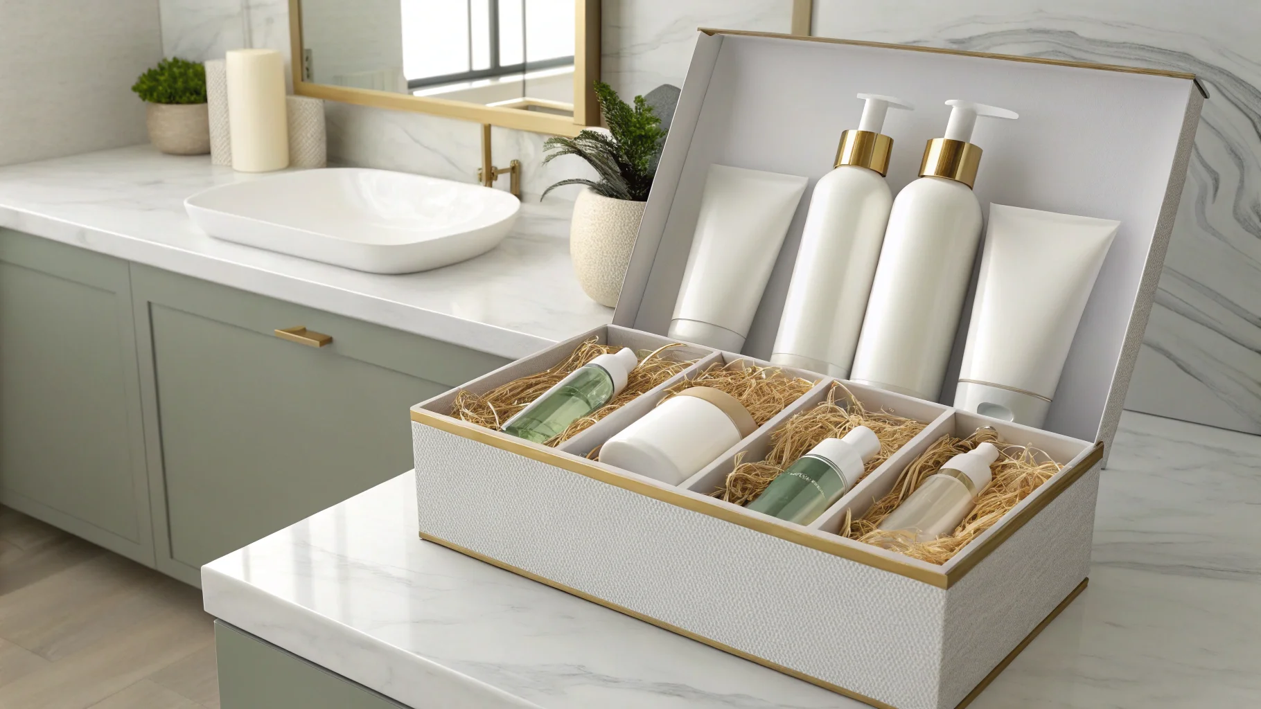 Elegant display of luxury bath products in a box on a marble countertop, with plant and candle for decoration.