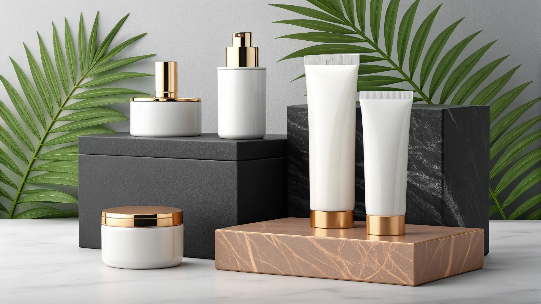 Minimalist luxury cosmetic packaging with bold text