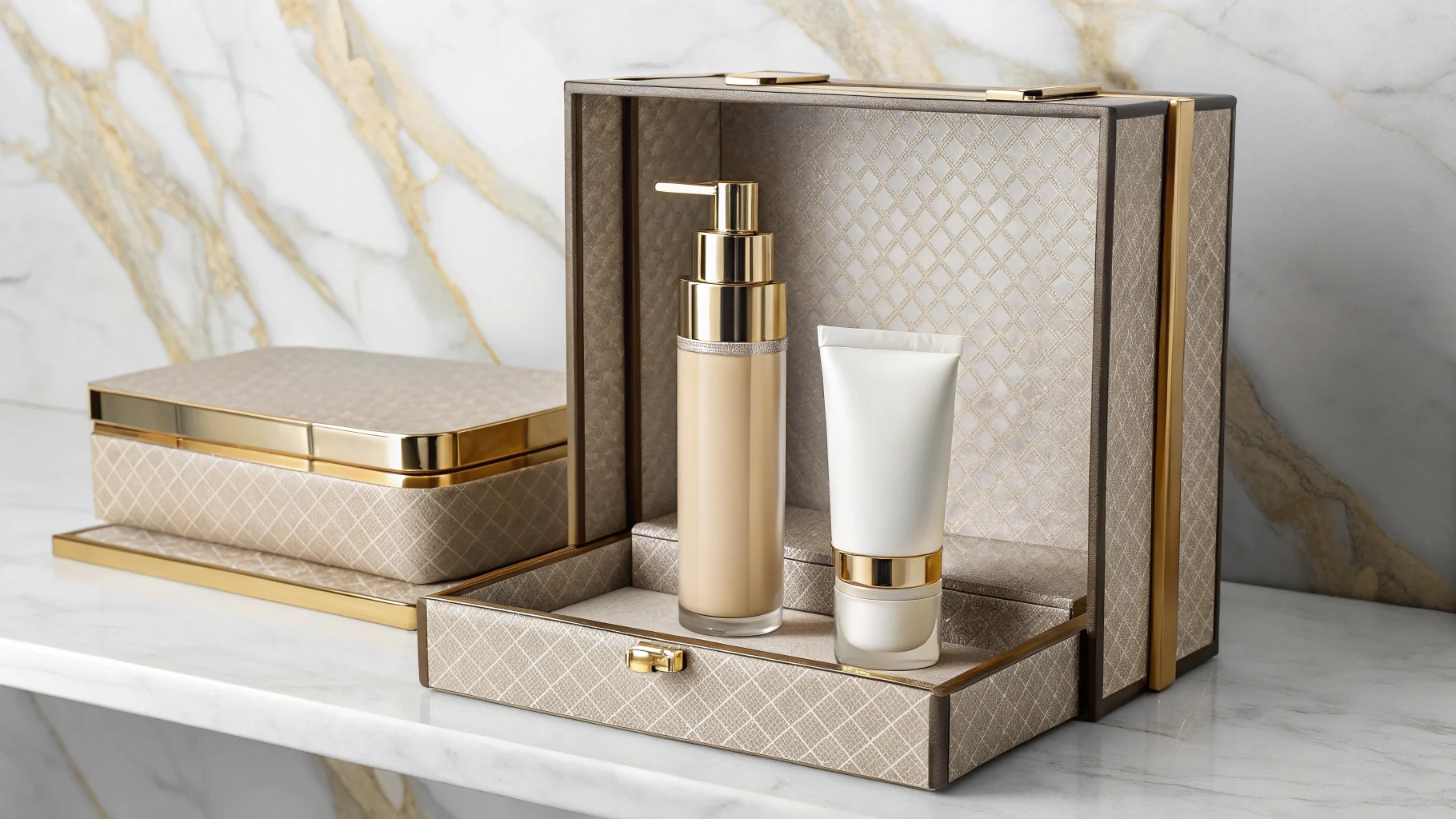 A collection of luxury cosmetic packaging on a marble surface