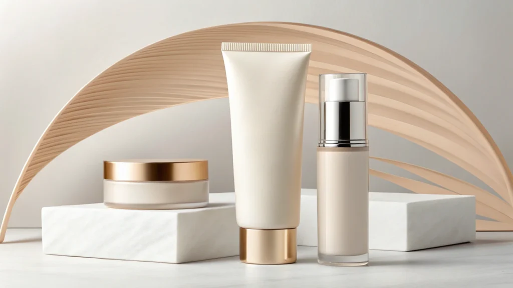 Three luxury cosmetic products including a jar, a tube, and a pump bottle on a marble surface with a decorative background.