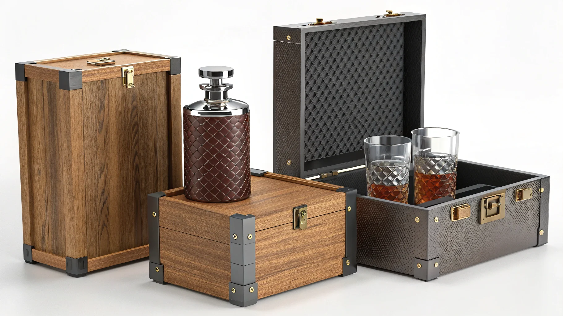 Close-up of different premium material textures like glass, wood, and metal