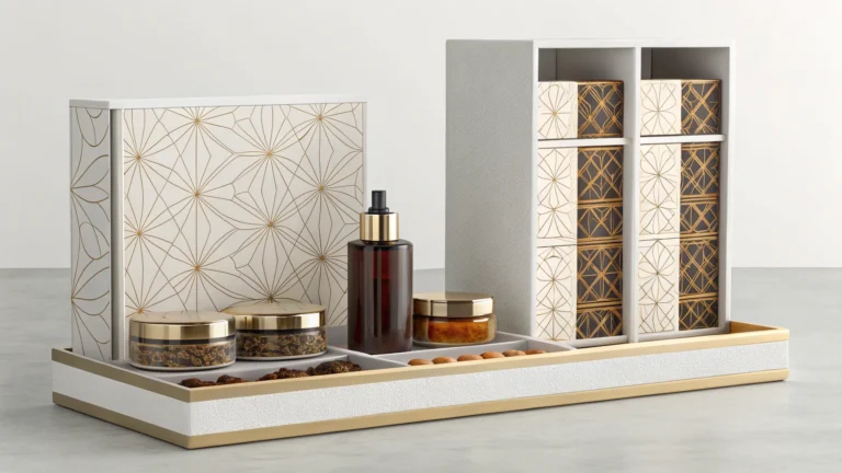 A luxury gift set featuring decorative boxes with geometric patterns, jars with gold lids, and a dark bottle, arranged in an elegant display tray.