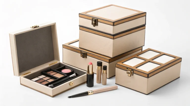 Elegant beige storage boxes with makeup items including lipstick, eyeshadow palette, and eyeliner on a white background.