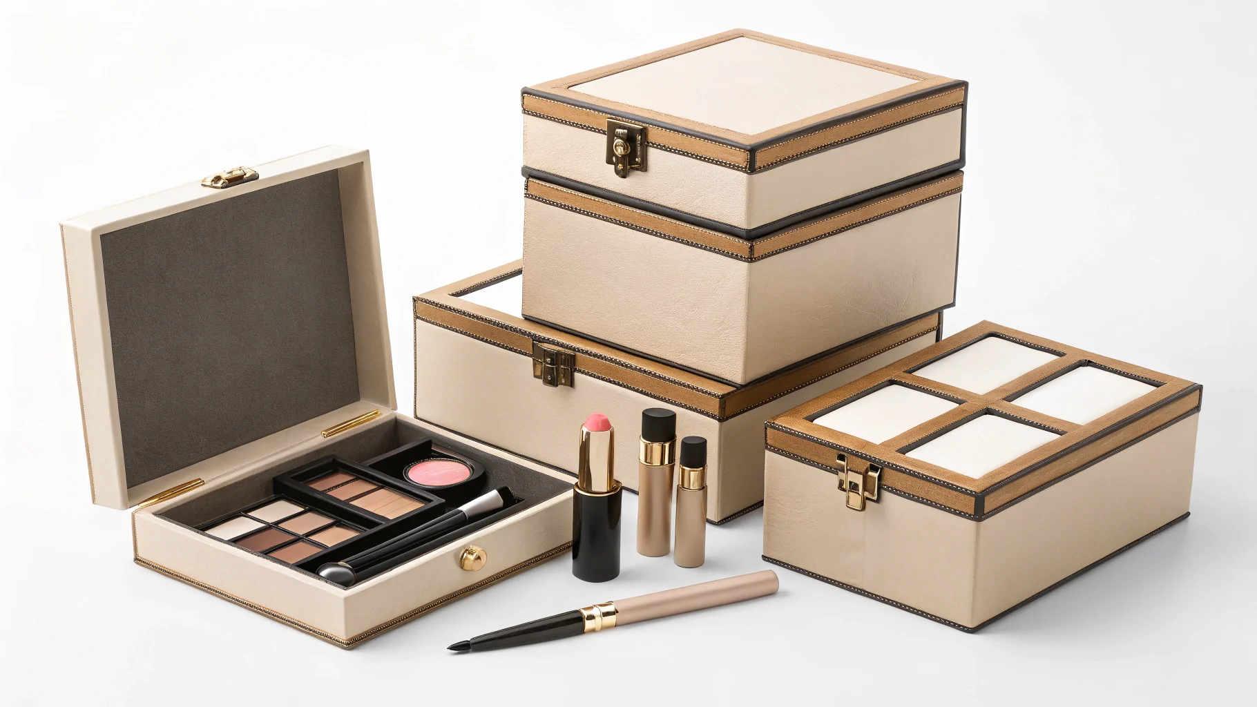 Elegant beige storage boxes with makeup items including lipstick, eyeshadow palette, and eyeliner on a white background.