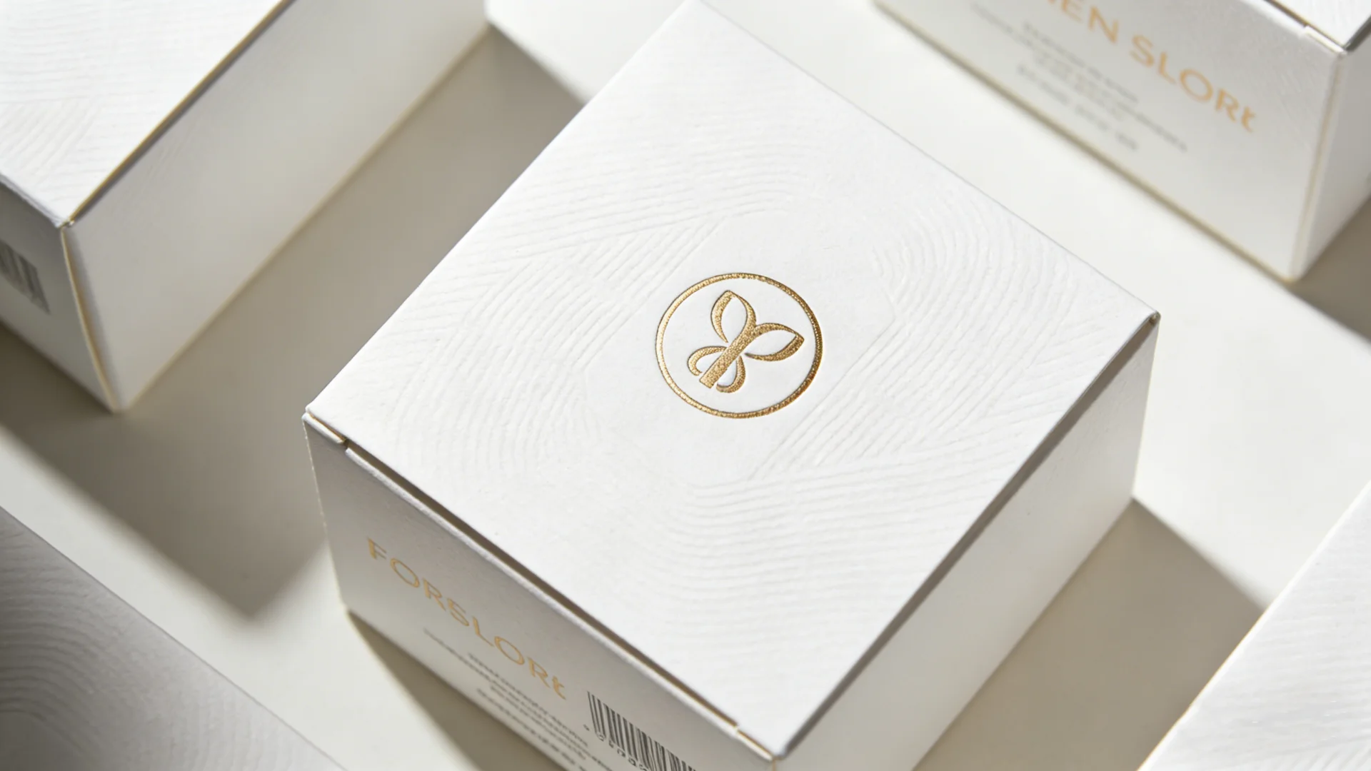 Close-up of a cosmetic box with gold foil stamping and embossing