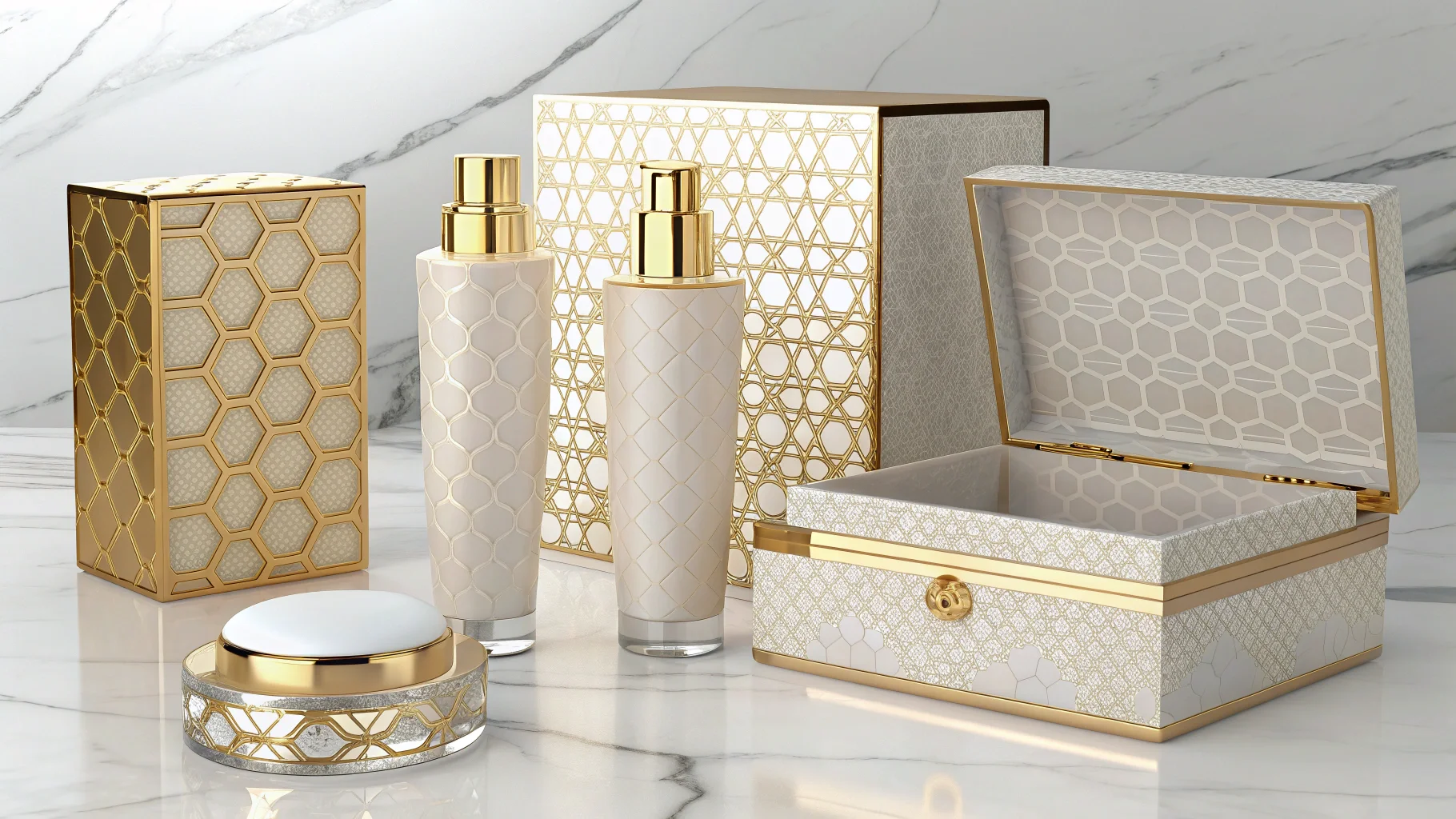 Luxurious perfume bottles and boxes featuring intricate gold and white geometric designs, set on a marble surface.