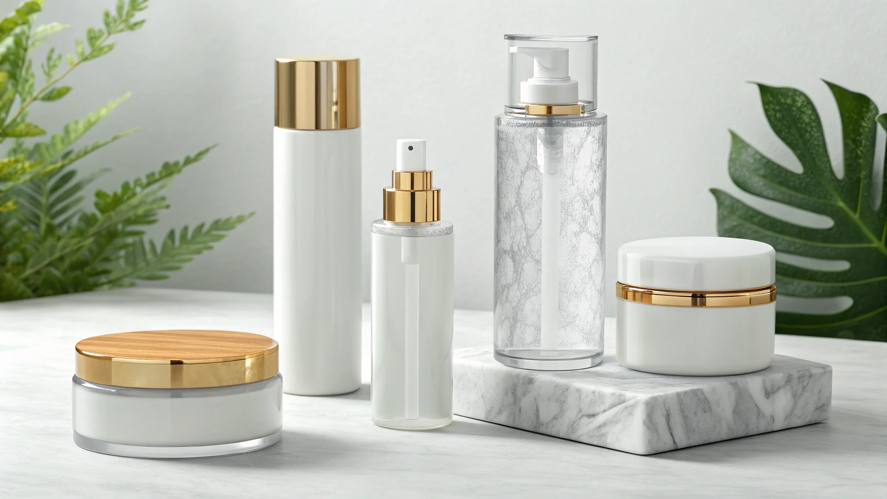 Elegant skincare containers with gold accents displayed on a marble surface, surrounded by green foliage.