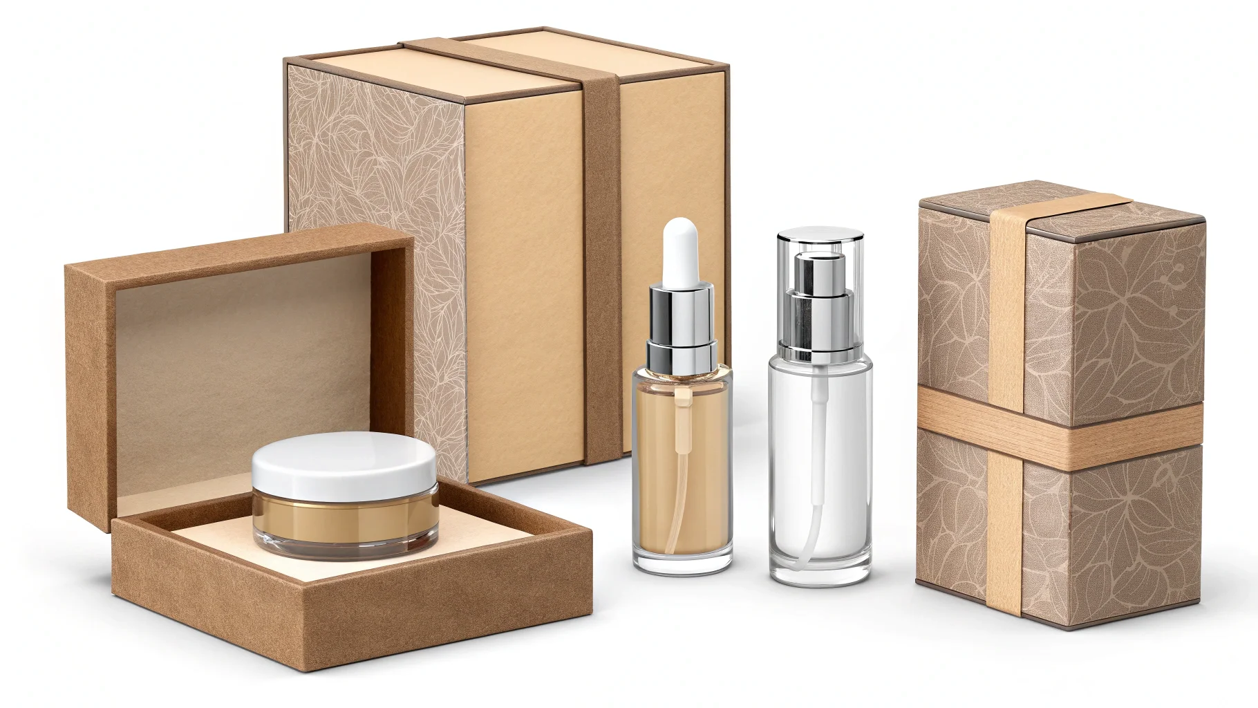 a variety of cosmetic products next to their specific boxes