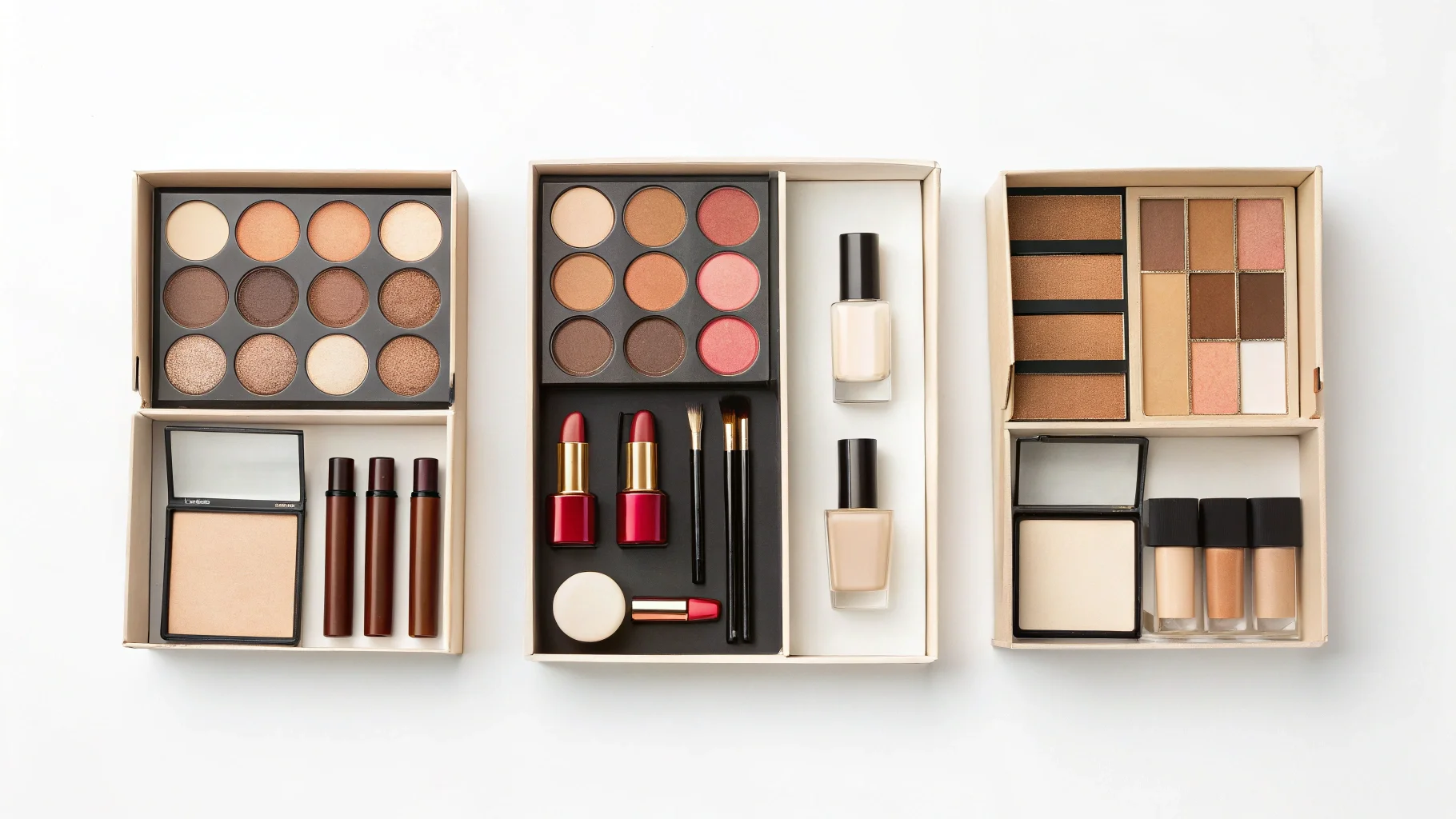 A collection of full size makeup products arranged neatly next to a branded subscription box