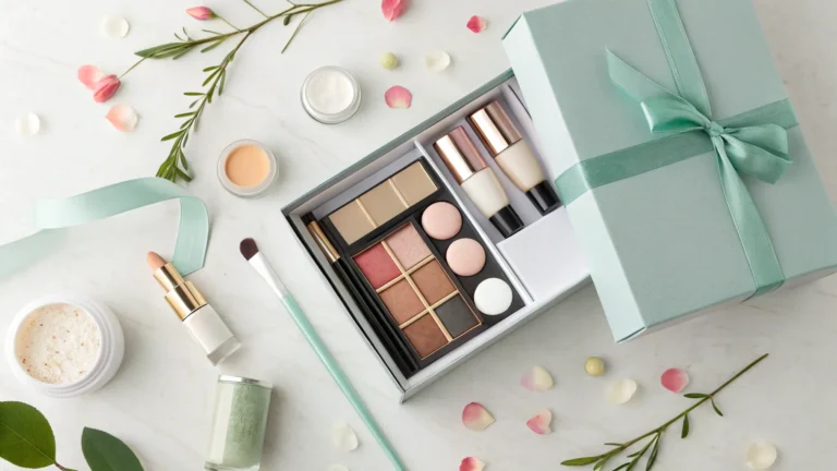 A beautifully packaged makeup set with eyeshadows, lipsticks, and brushes, surrounded by floral decorations on a marble surface.