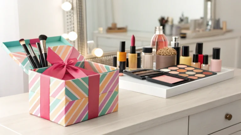 Colorful gift box with makeup brushes next to various cosmetics on a dressing table.