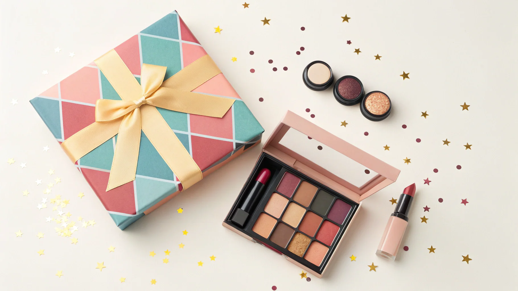 Gift set featuring a colorful eye shadow palette, lipstick, and complementary items adorned with festive stars.