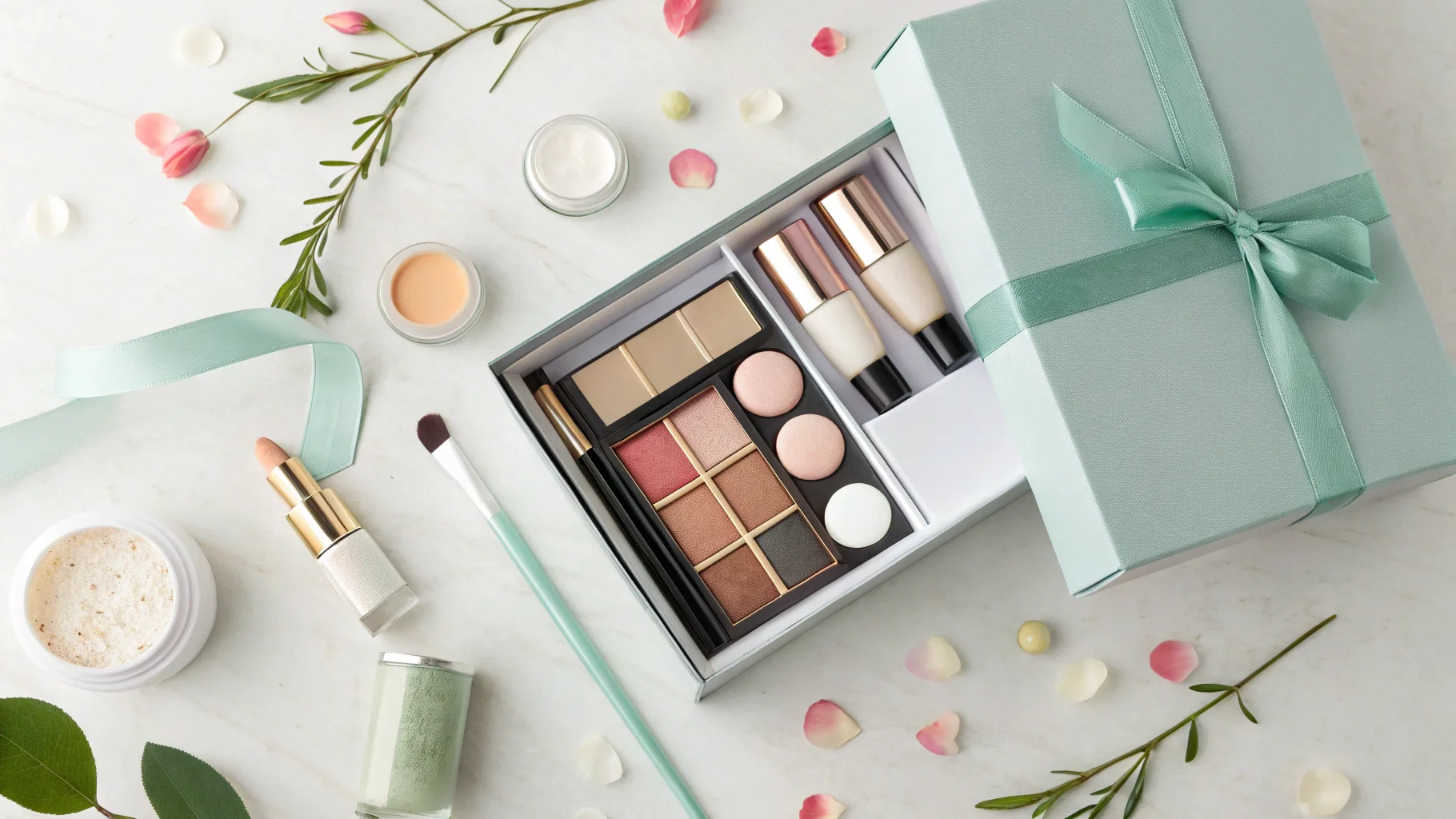 A beautifully packaged makeup set with eyeshadows, lipsticks, and brushes, surrounded by floral decorations on a marble surface.